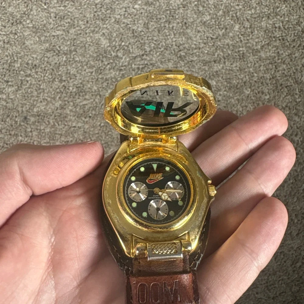 Vintage Nike Air Sport Compass Watch Gold Flip Top Brown Leather Strap *WORKS*